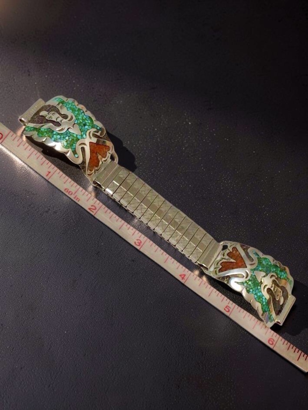 Men’s Sterling Navajo Turquoise/Coral Inlay Thunderbird Tips/Band Signed SD - Picture 11 of 14